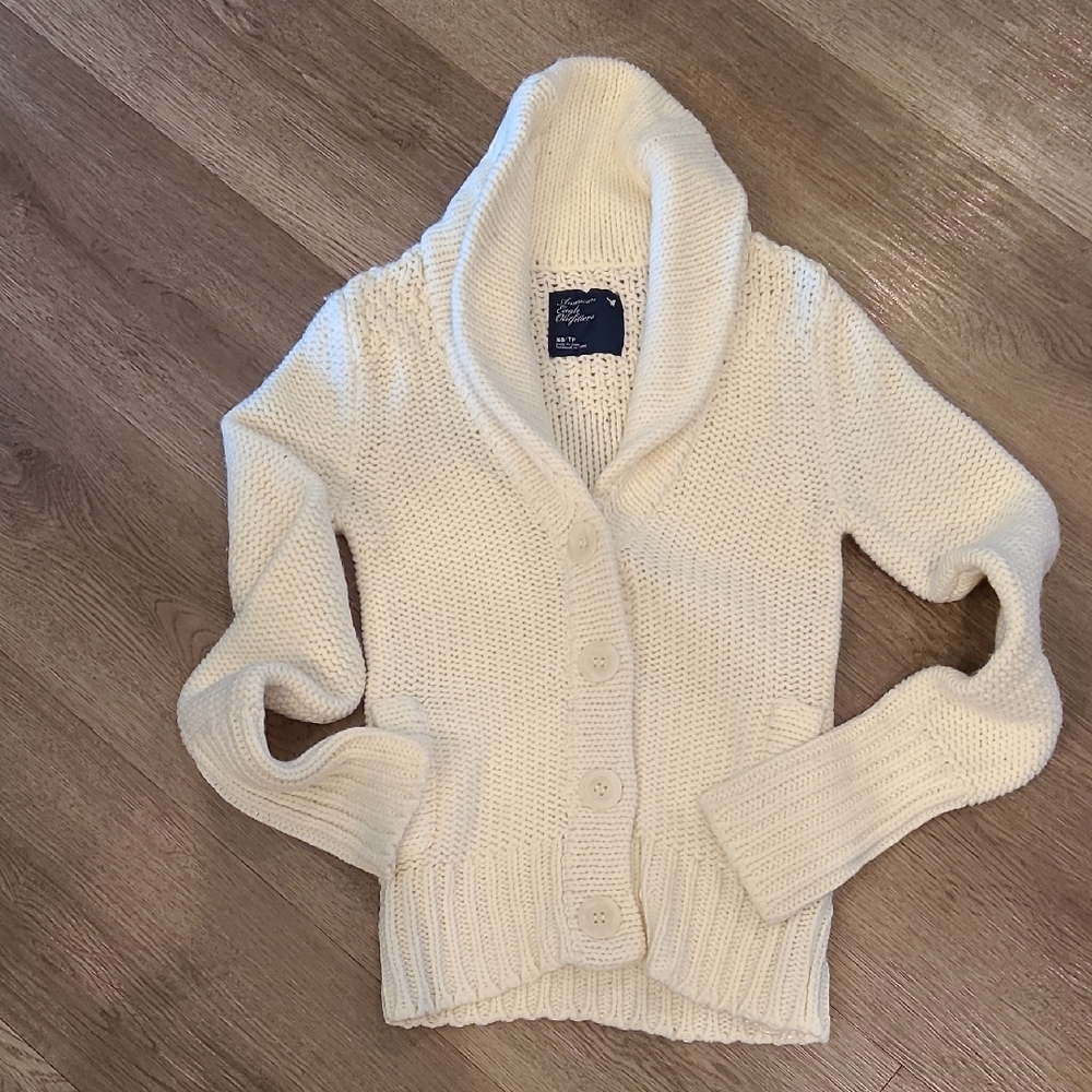 American Eagle White Shawl Collar Sweater